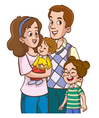 Aile fotoğrafı. Baba, anne ve çocukları. Bir arada duran aile üyelerinin tam boy portresi. Çizgi film tarzında vektör illüstrasyonu beyaz arkaplanda izole edildi