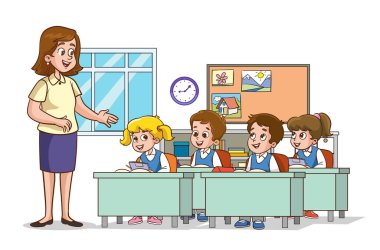 Öğrencilerle ve öğretmenlerle dolu bir sınıf. Ders. Öğretmen ve öğrenciler sınıfta konuşuyorlar. İlkokul çocukları. Çocuklar öğretmeni dinliyorlar. İlkokul çocukları.