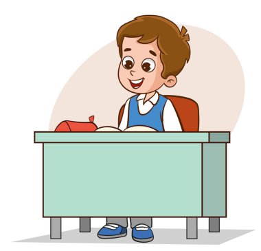 Masada oturan sevimli okul çocuğu, beyaz bir arka planda ilkokul çocuğu, üniformalı vektör çizimi.