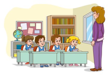 Çocuklarla dolu bir sınıf. Öğretmen ya da profesör ilkokul sınıfında öğrencilere öğretmenlik yapıyor. Ders vektör illüstrasyonunda öğrenci öğrenmesi