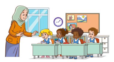 Çocuklarla dolu bir sınıf. Öğretmen ya da profesör ilkokul sınıfında öğrencilere öğretmenlik yapıyor. Ders vektör illüstrasyonunda öğrenci öğrenmesi