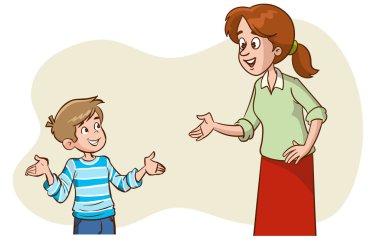 Anne çocuğuyla konuşuyor, anne çocuğuyla, annelikle, ebeveynlik konsepti illüstrasyonuyla iyi vakit geçiriyor.