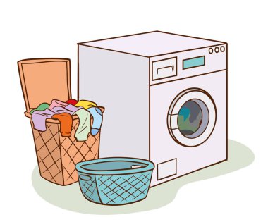Çamaşır, çamaşır makinesi, kirli çamaşır sepeti, karikatür vektör çizimi