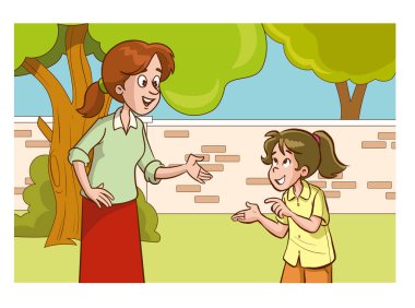 Anne çocuğunu dinliyor, anlatıyor, işaret ediyor, yardım istiyor, şikayet ediyor. Anne ve çocuk birbirleriyle vektör çizimleriyle konuşuyorlar. Küçük çocuklar anneleriyle sohbet ediyor ve kendilerini mutlu hissediyorlar.