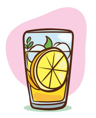 Çizgi film limonatası ve limonlar şişede ve kavanozda. Nane ve limon dilimli su. Bardakta meyve suyu, taze yaz içeceği illüstrasyonu.