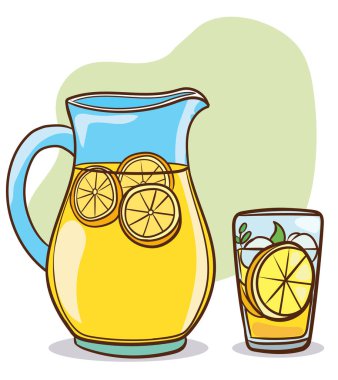 Çizgi film limonatası ve limonlar şişede ve kavanozda. Nane ve limon dilimli su. Bardakta meyve suyu, taze yaz içeceği illüstrasyonu.