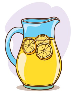 Çizgi film limonatası ve limonlar şişede ve kavanozda. Nane ve limon dilimli su. Bardakta meyve suyu, taze yaz içeceği illüstrasyonu.