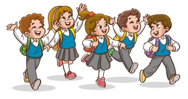 Sırt çantalı mutlu ve çeşitli okul çocukları, okula gitmeye hazır heyecanlı çocuklar, okuldan eve dönen neşeli çocuklar, ilkokul öğrencilerinin resimleri.,