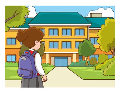 Sırt çantası ve beyaz arka planda okul binası olan renkli tasarım vektörü illüstrasyonlu bir kız.