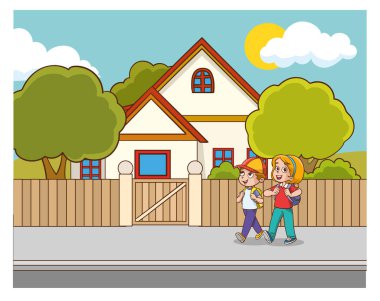 Sırt çantalı mutlu ve çeşitli okul çocukları, okula gitmeye hazır heyecanlı çocuklar, okuldan eve dönen neşeli çocuklar, ilkokul öğrencilerinin resimleri.,