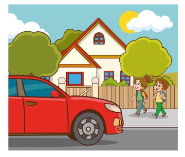 Sırt çantalı mutlu ve çeşitli okul çocukları, okula gitmeye hazır heyecanlı çocuklar, okuldan eve dönen neşeli çocuklar, ilkokul öğrencilerinin resimleri.,