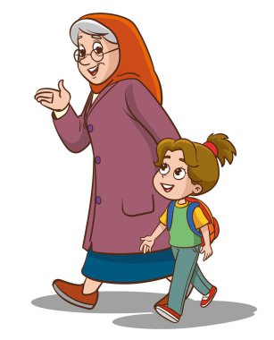 Mutlu anne-kız çizgi filmi Sırt çantalı ve yürüyen