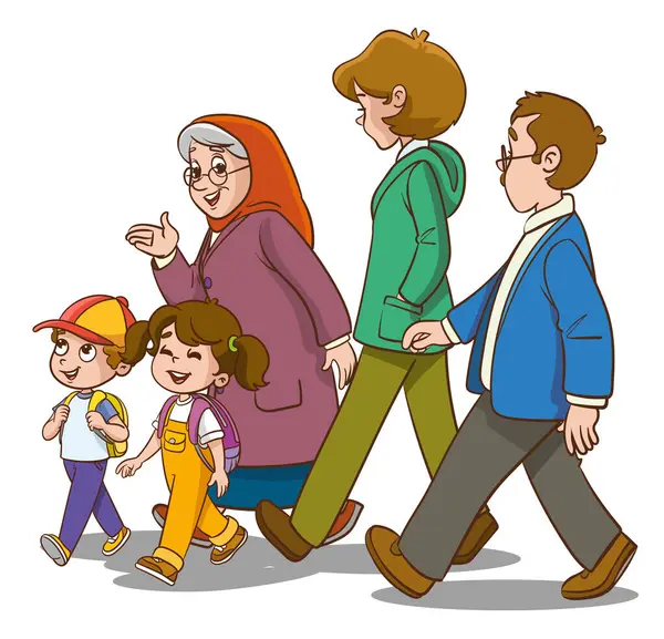 Çocukların yürüdüğü mutlu bir aile.