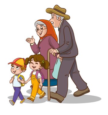 Büyükannem ve büyükbabam bir torunla yürüyüşe çıktılar.