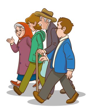 Yaşlı bir aile eski şehirde yürüyor.