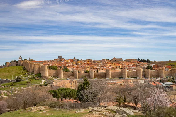 stock image Panorama of the city of Avila with its medieval fortified walls, Spanish UNESCO world heritage site