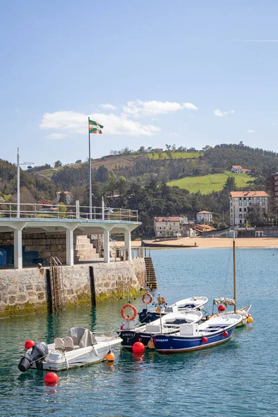 Lekeitio, İspanya - 30 Mart 2023: Arka planda demirlemiş tekneler, Euskadi bayrağı, plaj, tepeler ve ormanlarla birlikte limanın bir kısmı