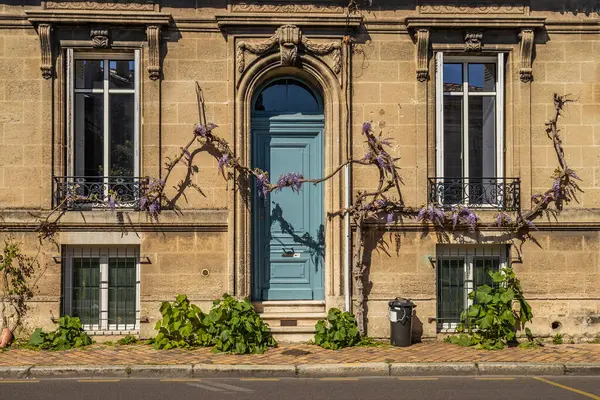 Fransa 'da güzel dekore edilmiş bir evin cephesi, dar mavi bir kapının üzerinde mor çiçekli bir tırmanma ağacı.