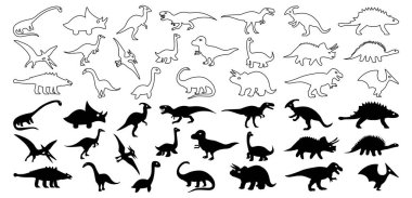 Dinozorların silueti ve çizgi sanat simgeleri tasarım vektörü çizimi.