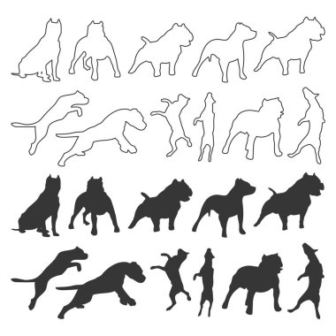 Bulldog siluetleri ve çizgi sanat vektörü simgesi seti