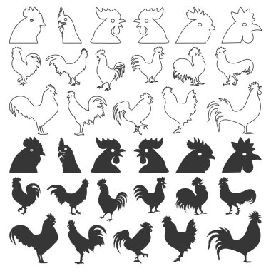 Tavuk silueti ve çizgi sanat simgeleri tasarım vektör çizimi.