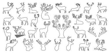 Geyik siyah silueti ve çizgi resim simgeleri beyaz arkaplanda izole edilmiş.