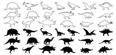 Dinozorların silueti ve çizgi sanat simgeleri tasarım vektör çizimi.