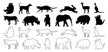 Hayvanlar siluetleri ve çizgi sanat vektörü simgesi koleksiyonu