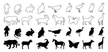 Hayvanlar siluetleri ve çizgi sanat vektörü simgesi koleksiyonu