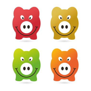 Beyaz arka planda izole edilmiş gülen yüz ifadesi vektör illüstrasyonlu renkli domuzlar.