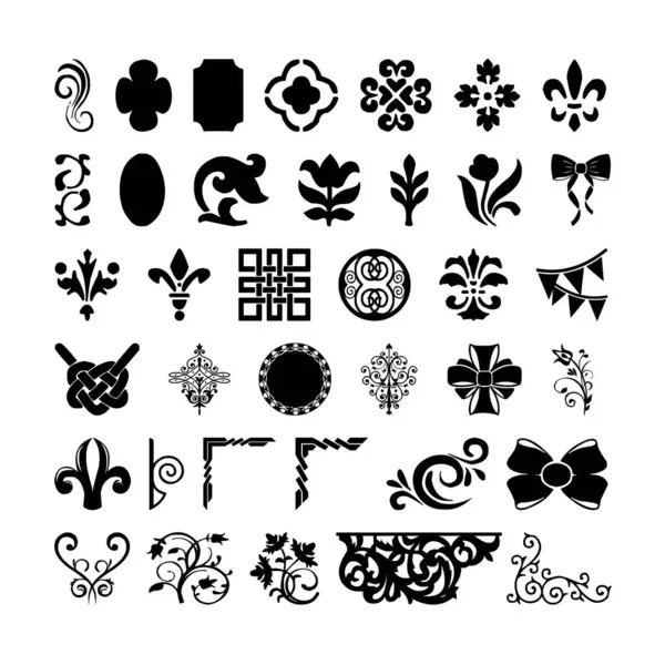 Dekoratif çiçek süsleme elementleri, fleur de lis, süs danteli kenarları ve köşe vektörü kümesi.