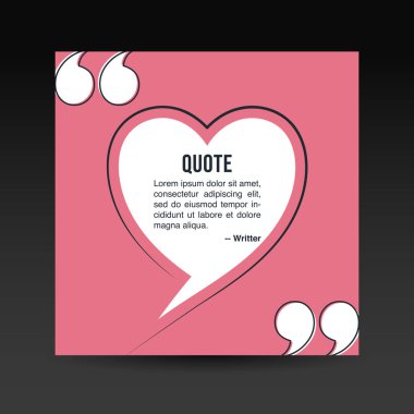 Güzel bir kalp kare boş şablonu. Kalp şeklindeki arka planda izole edilmiş ders kutusu. Parantez içinde metin, boş konuşma baloncuğu atıfları, alıntı balonu. Vektör illüstrasyonu.