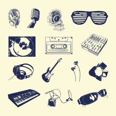 müzik araçları vektör illüstrasyonları düz simgeler ve ögeler ayarlandı.