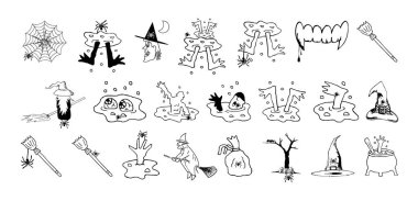 Beyaz arkaplan vektör illüstrasyonunda cadılar bayramı karalama sanatı.