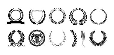 Yapraklı çelenk ve dallar. Laurel Çelenkleri ve Dallar Koleksiyonu. Laurel çelenkleri, girdaplar, dallar ve çiçek süslemeleri. Bitki, çiçek ve bitki tasarım elementleri.