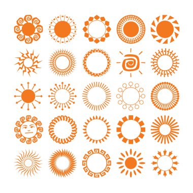 Güneş ve güneş patlaması ikonları. Farklı tipte güneş çizimi koleksiyonu. Yaz dönemi figürü konsepti. Simgeler ayarlandı.