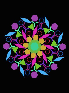 Siyah arkaplanda renkli geometrik şekillere sahip soyut altıgen şekil.