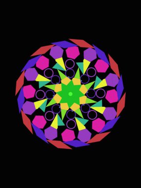 Siyah arkaplanda renkli geometrik şekillere sahip soyut altıgen şekil.