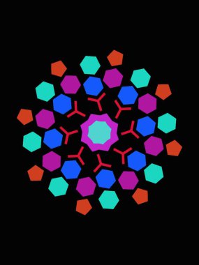 Siyah arkaplanda renkli geometrik şekillere sahip soyut altıgen şekil.