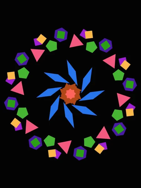 Siyah arkaplanda renkli geometrik şekillere sahip soyut altıgen şekil.