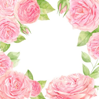 Pembe güllü suluboya düğün davetiyesi tasarımı. Yabani çiçek, çiçekli anılar, yazı, suluboya arka plan. Örnek çerçeve.