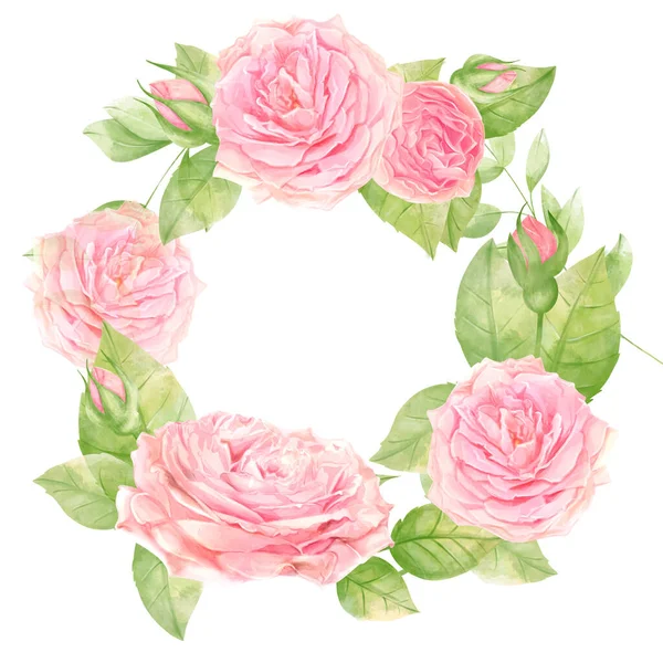 Троянди Круглі Акварельні Рамки Вітальної Листівки Запрошення Весілля День Народження — стокове фото