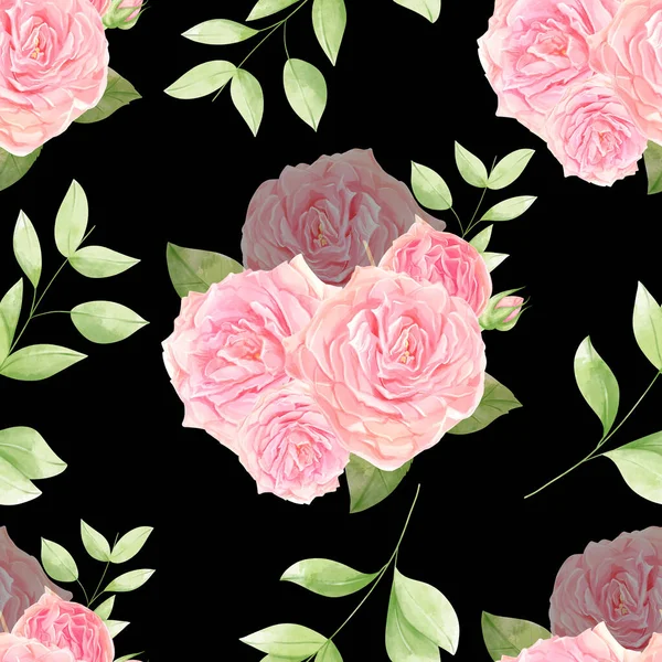 Рожеві Троянди Ізольовані Чорному Тлі Набір Різних Красивих Квіткових Елементів — стокове фото