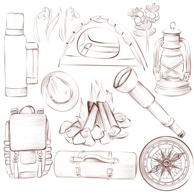 Kamp klip çizimi. Çadır, sırt çantası, bisiklet, sandalye, şemsiye, olta, uyku tulumu, pusula. Yaz tatilinde ormanda çocuk yürüyüşü, balık tutma, piknik. Karalama çizimi.