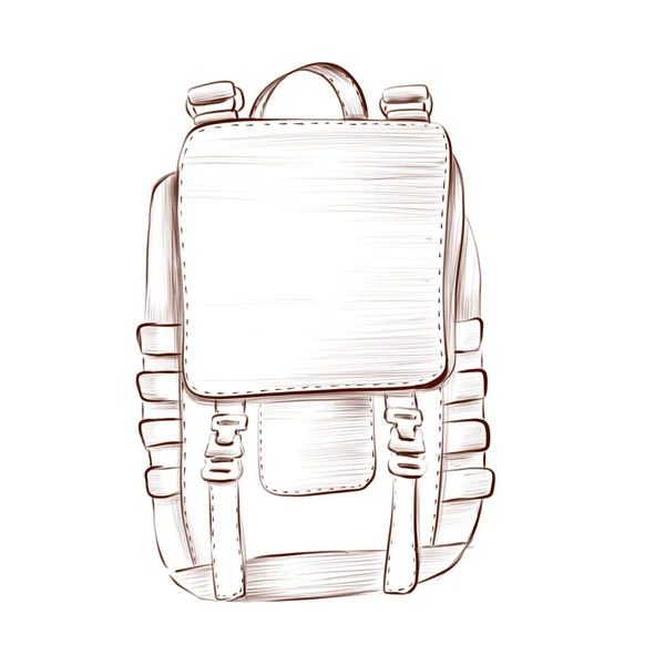 Tourist backpack camping freehand drawing isolate. Rough vintage monochrome brown freehand illustration isolated on transparent background.