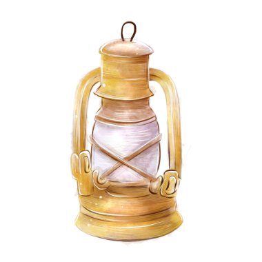 Kamp feneri, beyaz arka planda izole edilmiş illüstrasyon. El yapımı suluboya, turist feneri.