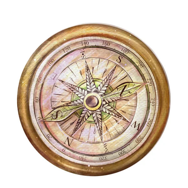 Ročník Zlatý Kompas Akvarel Volné Ruky Kreslení Izolovat Ruční Kresba — Stock fotografie