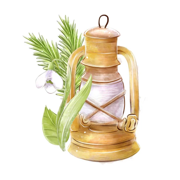 Camping lantern, lamp, watercolor composition on the theme of camping, tourism, hiking in the mountains to create a design. Old kerosene lamp hand drawn.