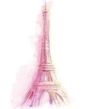 Paris 'teki Eyfel Kulesi' nin suluboya resmi beyaz arka planda, izole edilmiş, romantik tarzda.
