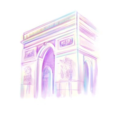 Zafer Kemeri, Paris, Fransa. Fırça ve suluboya sanatı. Zafer Anıtı. Beyaz sırtlı izole edilmiş. El çizimi.